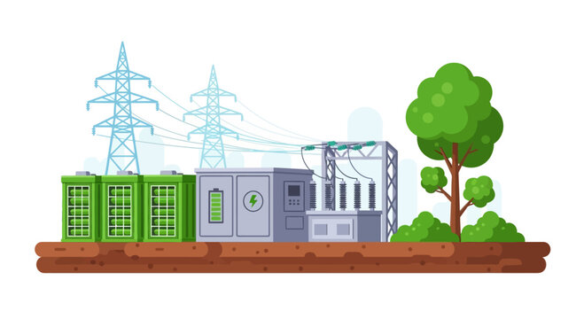Electrical substation with high voltage towers and energy equipment.