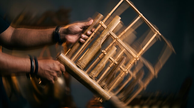 Dynamic angklung motion blur showing rhythm and sound, ideal for music campaigns, cultural storytelling, and creative branding visuals.
