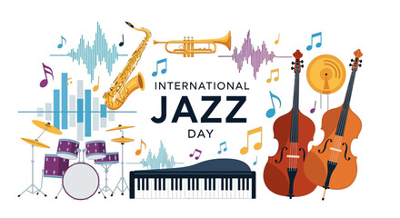 A vibrant vector illustration for International Jazz Day featuring a saxophone, trumpet, piano, drums, and double bass against an abstract background with music notes © Rizal
