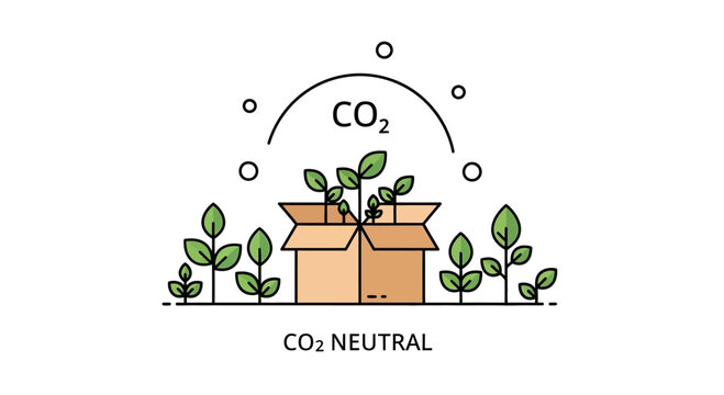 CO2 neutral concept illustration with cardboard box and green plants.