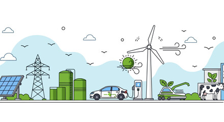 Sustainable green energy technology concept with wind turbine and solar panels. © Nasoha_Alhabib