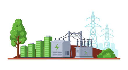 Obraz premium Battery energy storage system station with power transformer and electric grid transmission towers.