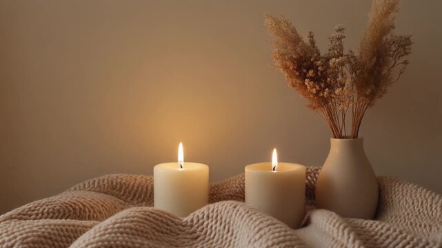 Soft warm glow of two lit candles with dried pampas grass in a minimalist vase on a cozy knitted blanket, creating a serene and comforting autumn atmosphere