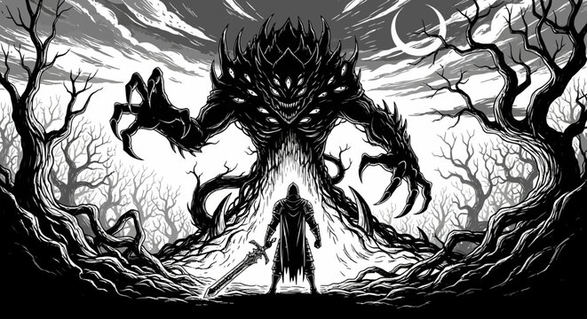Dark Fantasy: Warrior with sword faces colossal multi-eyed monster in eerie gnarled forest under a crescent moon. Black and white art.
