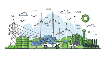 Sustainable modern farm with renewable energy sources and electric vehicle. © Nasoha_Alhabib