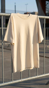 Blank cream oversized t-shirt mockup hanging on stadium style crowd barrier in outdoor urban event inspired vertical setting