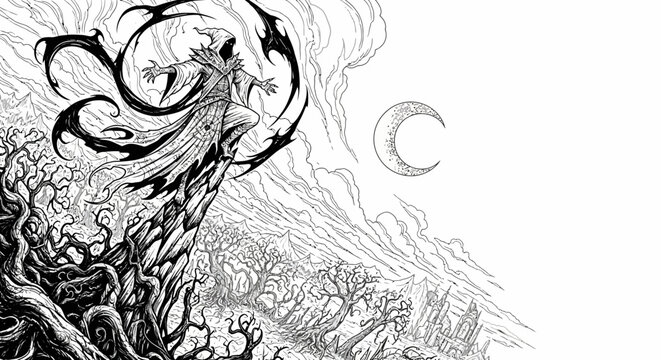 Gothic fantasy illustration of a mysterious cloaked sorcerer on a jagged cliff with dark magic under a crescent moon.