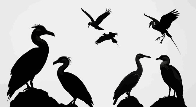 Diverse bird silhouettes collection, featuring cormorants on rocks and flying waterfowl, isolated vector illustration in black and white.