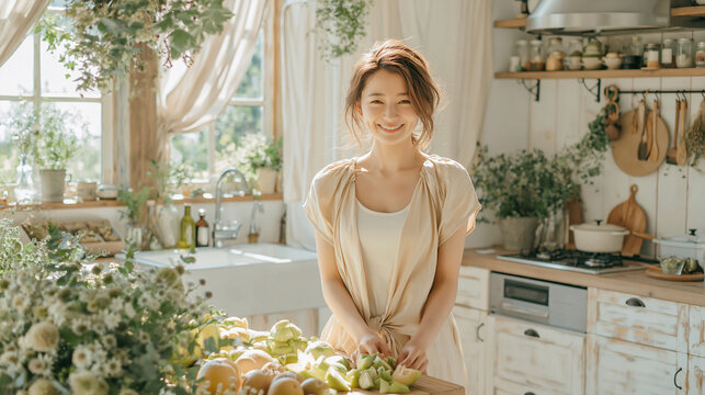 Smiling Woman Preparing Fresh Fruits in Bright Kitchen
,キッチンでフルーツを盛り付ける笑顔の女性　健康的なライフスタイルイメージ
