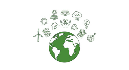 Obraz premium Green planet earth surrounded by sustainability and environmental protection icons.