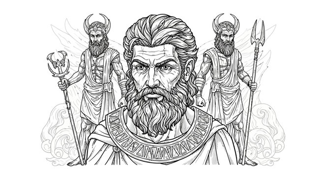 Detailed black and white line art of three ancient mythological figures, powerful bearded men in robes, vintage fantasy drawing