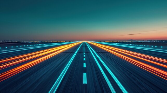 Vibrant light trails from planes creating a sense of speed and global travel on an airport runway at twilight