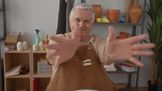Man in brown apron holds out both hands toward camera, standing at a workbench with clay pots and tools visible in a pottery studio; craft pride.