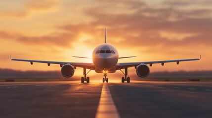 Obraz premium Commercial airplane standing on airport runway with landing lights on, preparing for departure against a breathtaking sunset sky