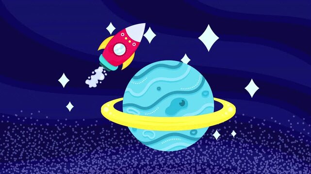 Rocket ship flying around a ringed blue planet in a dark purple starry space.