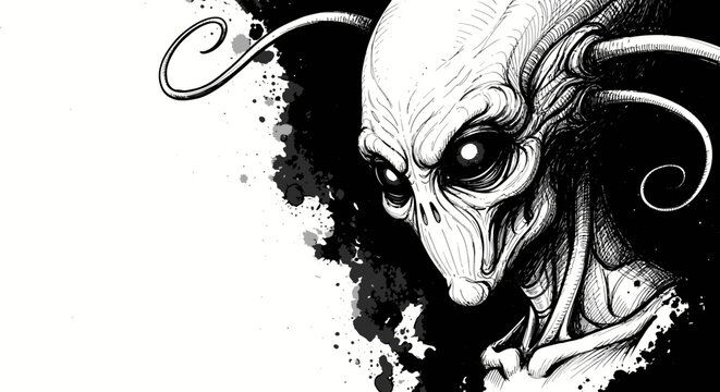 Mysterious extraterrestrial creature illustration with glowing eyes. Sci-fi alien portrait in black and white ink art style.