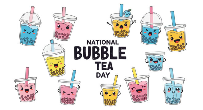 Whimsical flat lay illustration celebrating National Bubble Tea Day, showcasing an array of colorful boba tea drinks with cute, smiling faces against a clean white background