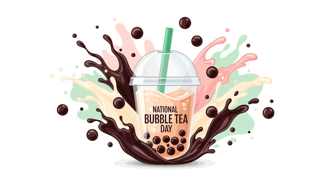 Flat lay illustration of a milk tea with tapioca pearls in a clear plastic cup with colorful splashes of pink, green, and brown creating a festive design for National Bubble Tea Day