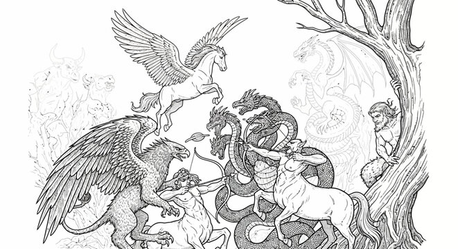Detailed black and white illustration of mythological creatures like Pegasus, Griffin, Centaur, Unicorn and multi-headed serpent in a mystical forest.