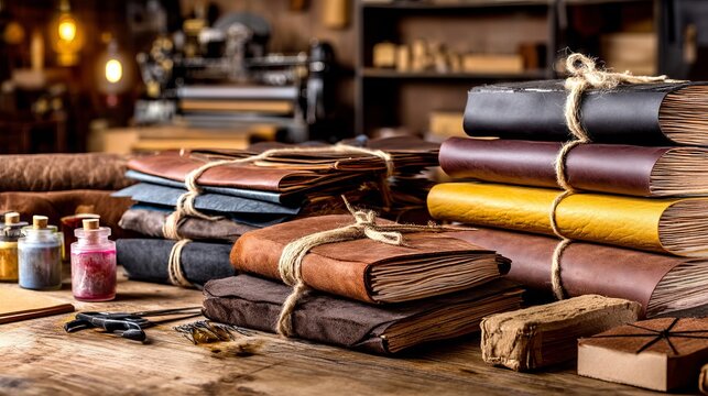 Workshop with Heavy Press Machine and Stacks of Leather-Finished Books