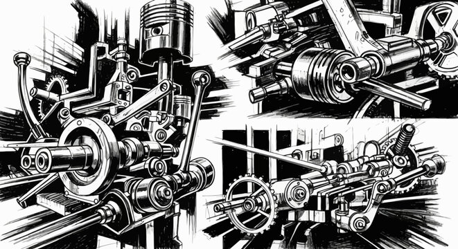 Detailed technical monochrome illustrations of internal combustion engine components, gears, pistons, and intricate mechanical engineering parts