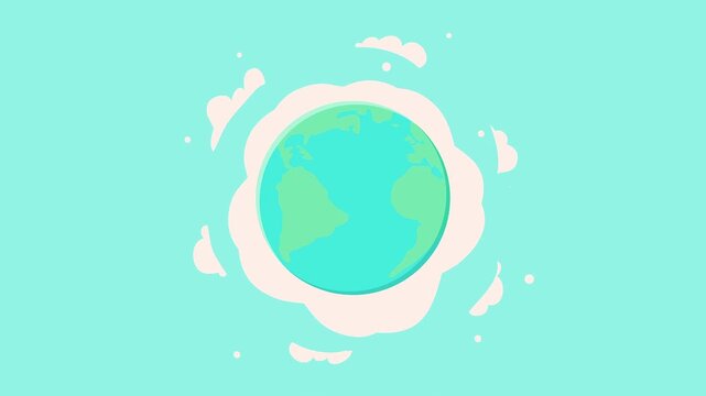 Earth globe rotating with white clouds and particles on a turquoise background.