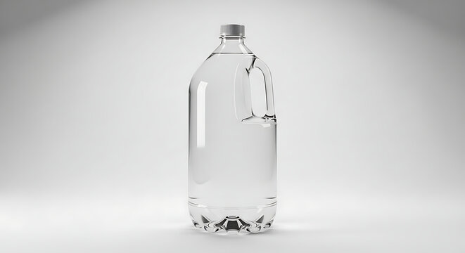 A high-quality 3d render of a clear empty plastic 1 gallon bottle with a handle isolated against a clean neutral studio background for product design