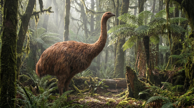 Photorealistic Giant Moa Bird Standing in Ancient New Zealand Rainforest for Natural History Documentary Cinematic Prehistoric Wildlife Education and Extinct Species Concept Video Animation