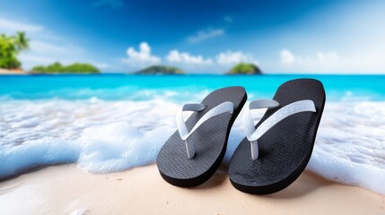 Naklejka premium Black and White Flip Flops on Sandy Beach Shore with Ocean Waves