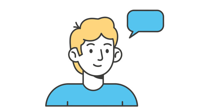 Cartoon illustration of a smiling person with a speech bubble suggesting conversation.