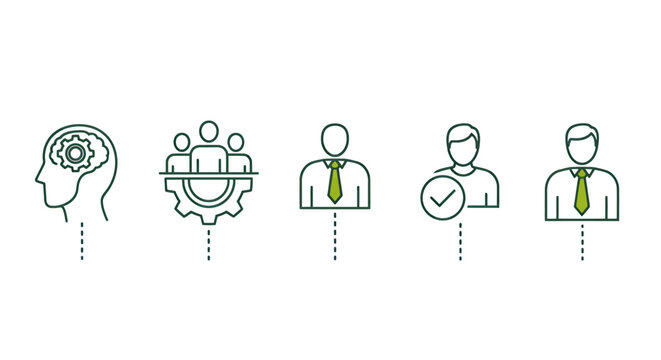 Set of line icons illustrating brain thinking, teamwork at a table, single decision, checklist, and presentation concepts.