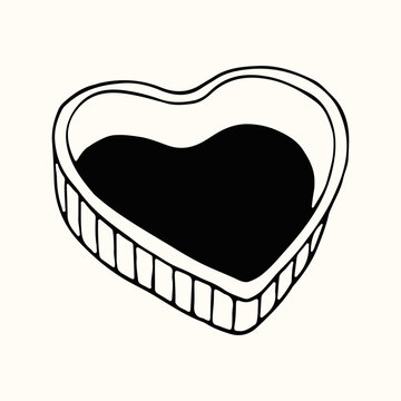 A heart shaped springform cake pan is presented in a clean minimalist line art style. This romantic baking dish illustration is perfect for Valentines Day projects and wedding bakery designs