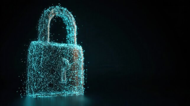 Digital Security Glowing Cyan Padlock on Black Background