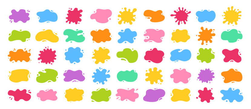 Paint splatters, soft spills, drips decorative abstract shapes, liquid banners. Liquid shapes and frames with uneven wavy edges set. Fluid puddles, splashes, drops, blobs and stains organic forms