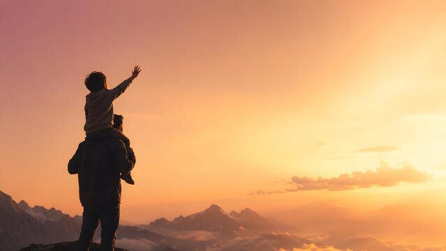 Father Carrying Child on Shoulders at Sunset Mountain Landscape, Freedom, Happiness and Family Adventure Concept