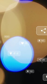 Vertical video: Bokeh and UI bubbles shifting after blue light appearing, showing rising likes