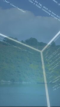 Vertical video: After 1s wireframe corner fading, rotating and projecting code, framing hillside