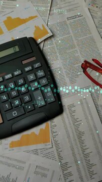 Vertical video: Red glasses sliding right calculator staying left teal wave pulsing showing finance