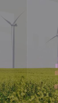 Vertical video: On opacity shift bar chart sliding and fading, revealing turbines, showing energy