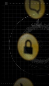 Vertical video: Blurred gold circle entering, causing padlock rising, focusing, spiking for scan