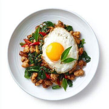 Chicken with Fried Egg - Thailand stir-fried chicken  isolated on a white background