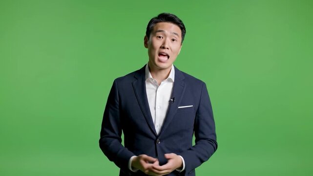 A man in a suit standing with arms outstretched, looking puzzled or uncertain against a green background.