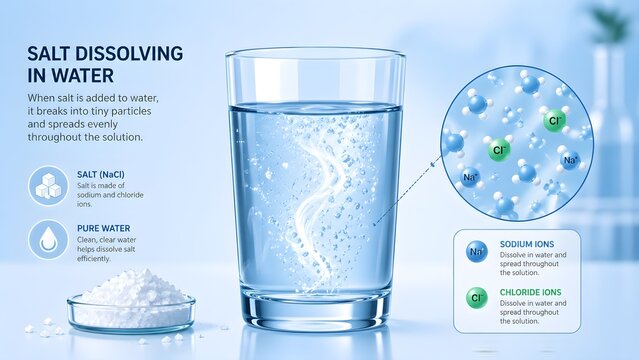 Salt Dissolving in Water Concept &ndash; Modern Scientific Infographic Illustration