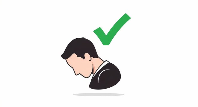 Minimalist illustration of a man bowing his head with a green check mark, representing admission, confession, and taking responsibility.