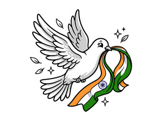 Fototapeta premium White dove flying with Indian flag ribbon in retro cartoon style