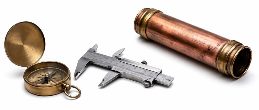 vintage scientific still life antique brass compass brushed steel caliper and a rolled copper map tube on white background museum style lighting sharp focus sophisticated exploration concept