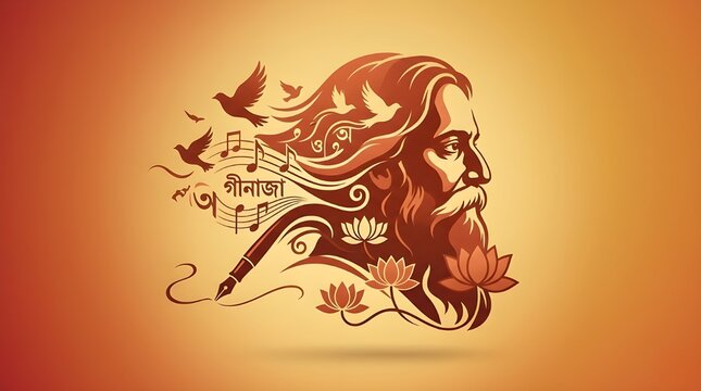 Rabindra Jayanti Celebration Artistic Illustration Featuring Rabindranath Tagore, Fountain Pen, and Lotus Flowers