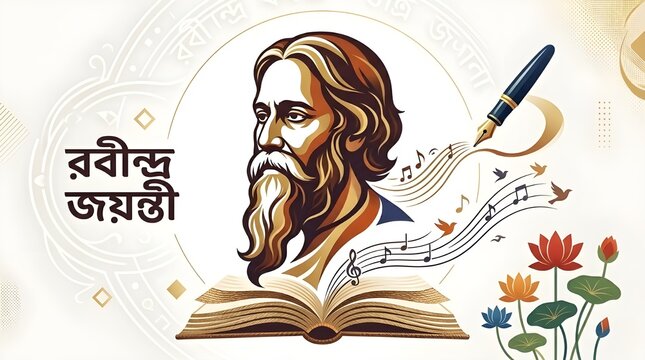 Rabindra Jayanti Celebration Artistic Illustration Featuring Rabindranath Tagore, Fountain Pen, and Lotus Flowers