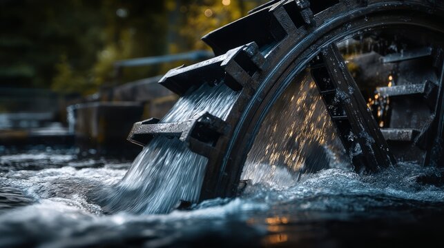 Water Wheel Partially Submerged in Stream with Gentle Water Flowing