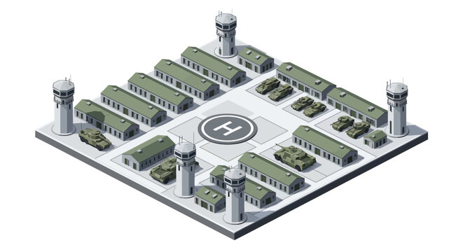 Isometric 3D render showcasing a tactical military base illustration with barracks, vehicles, and watchtowers arranged systematically on a gray platform, conveying a structured military